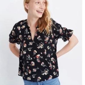 Madewell Silk Notched Ruffled Sleeve Carnation Black Floral Top XS
